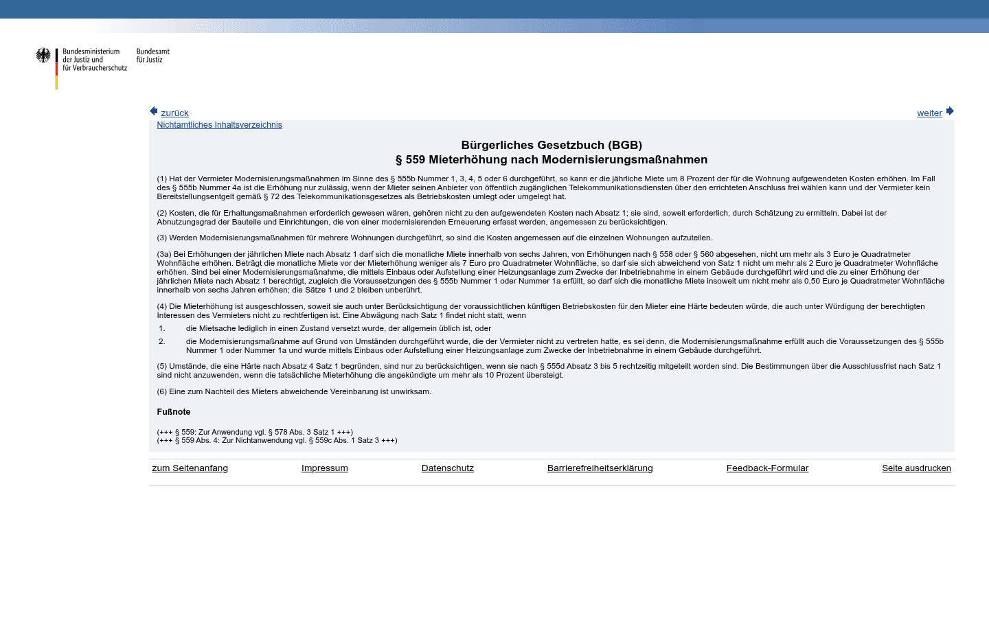 Gesetzestext von § 559 BGB auf gesetze-im-internet.de mit markiertem Absatz 1 (8-Prozent-Regel) und Absatz 3a (Kappungsgrenze je Quadratmeter)