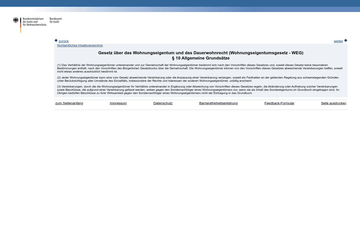 Screenshot von § 10 WEG auf gesetze-im-internet.de mit Absatz 3 zur Wirkung von Vereinbarungen gegen Sondernachfolger
