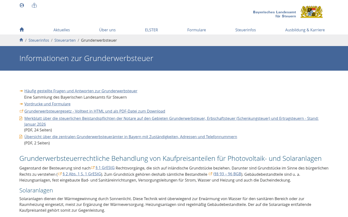 Grunderwerbsteuer-Seite des Bayerischen Landesamts für Steuern mit Gesetzestext und Merkblatt-Verweisen