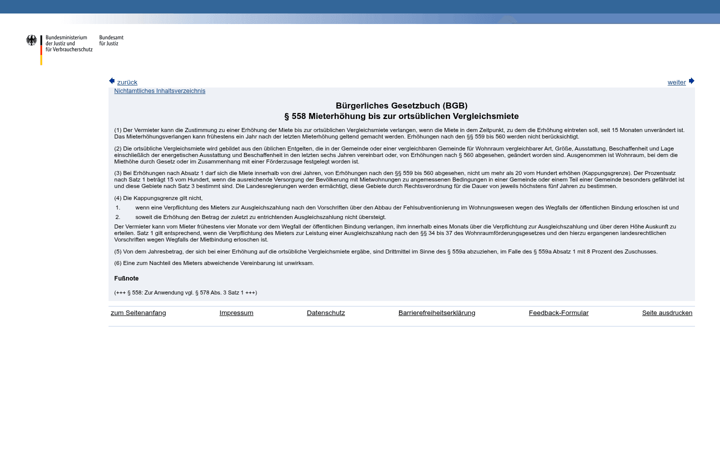 Gesetzestext des § 558 BGB auf gesetze-im-internet.de mit der Kappungsgrenzen-Regelung in Absatz 3