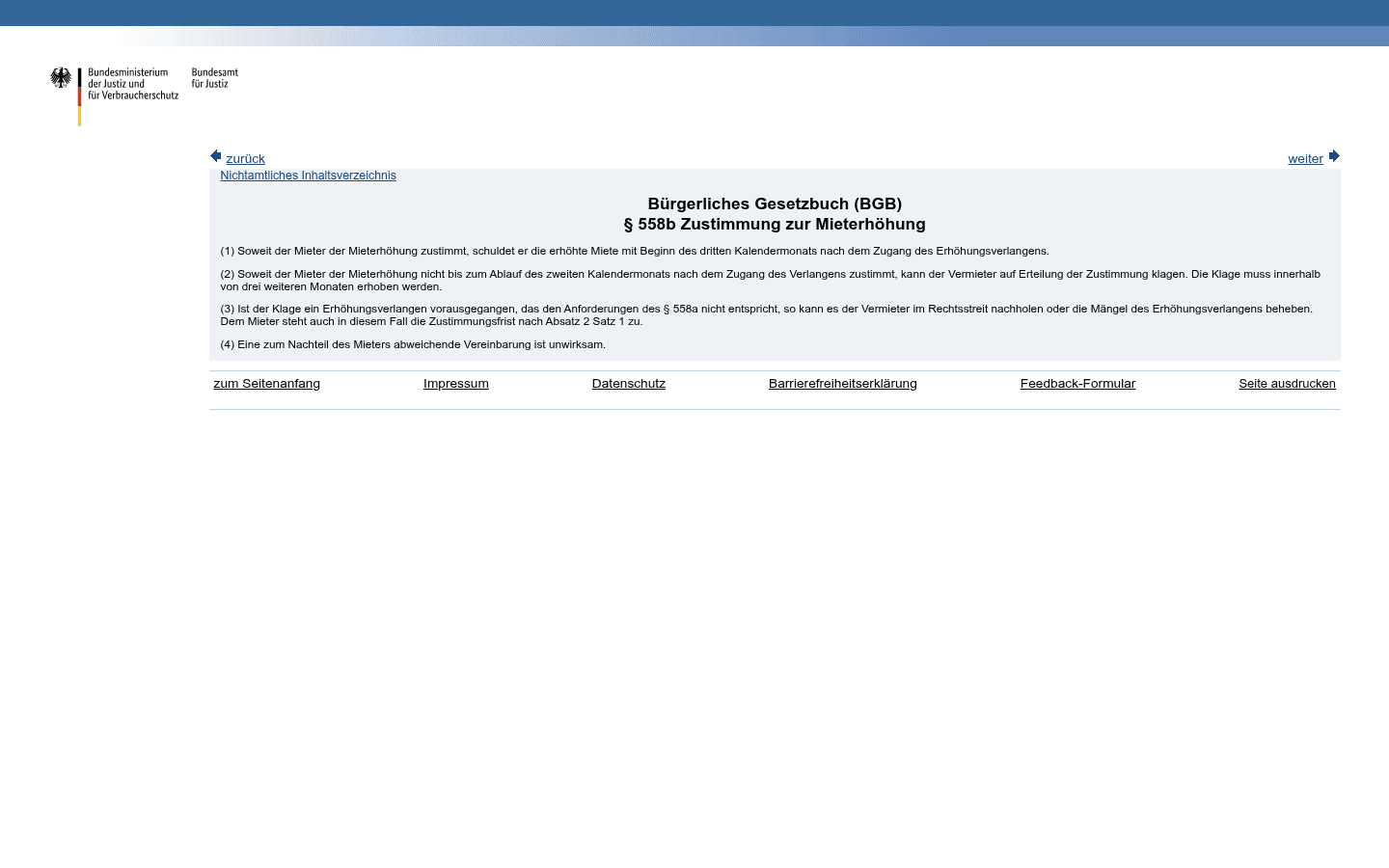 Gesetzestext des § 558b BGB zu Zustimmung, Zustimmungsfrist und Klagefrist bei Mieterhöhung auf gesetze-im-internet.de