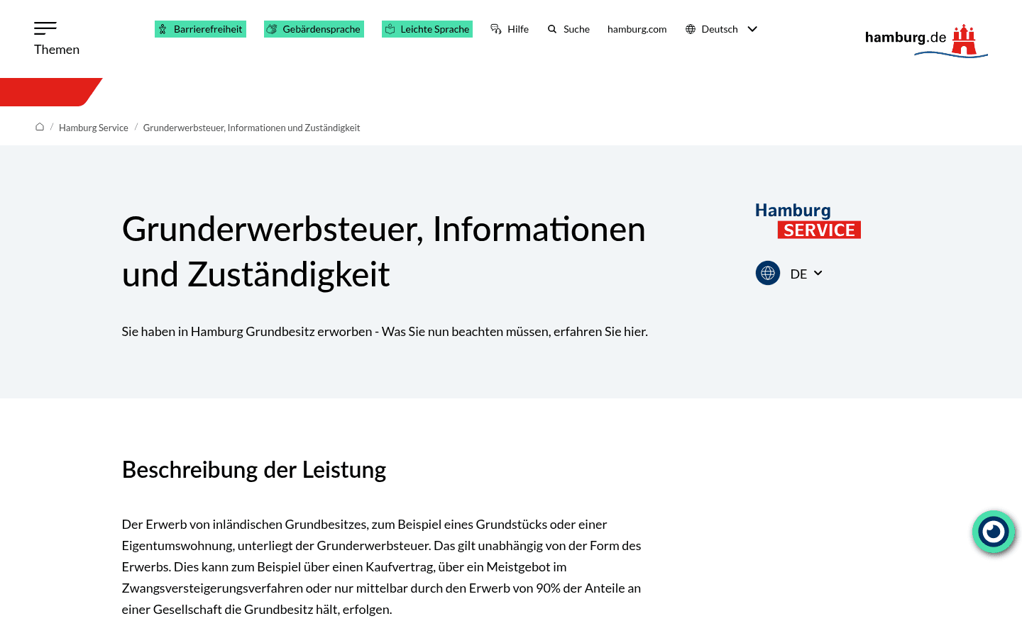 Amtliche Service-Seite der Freien und Hansestadt Hamburg zur Grunderwerbsteuer, Informationen und Zuständigkeit