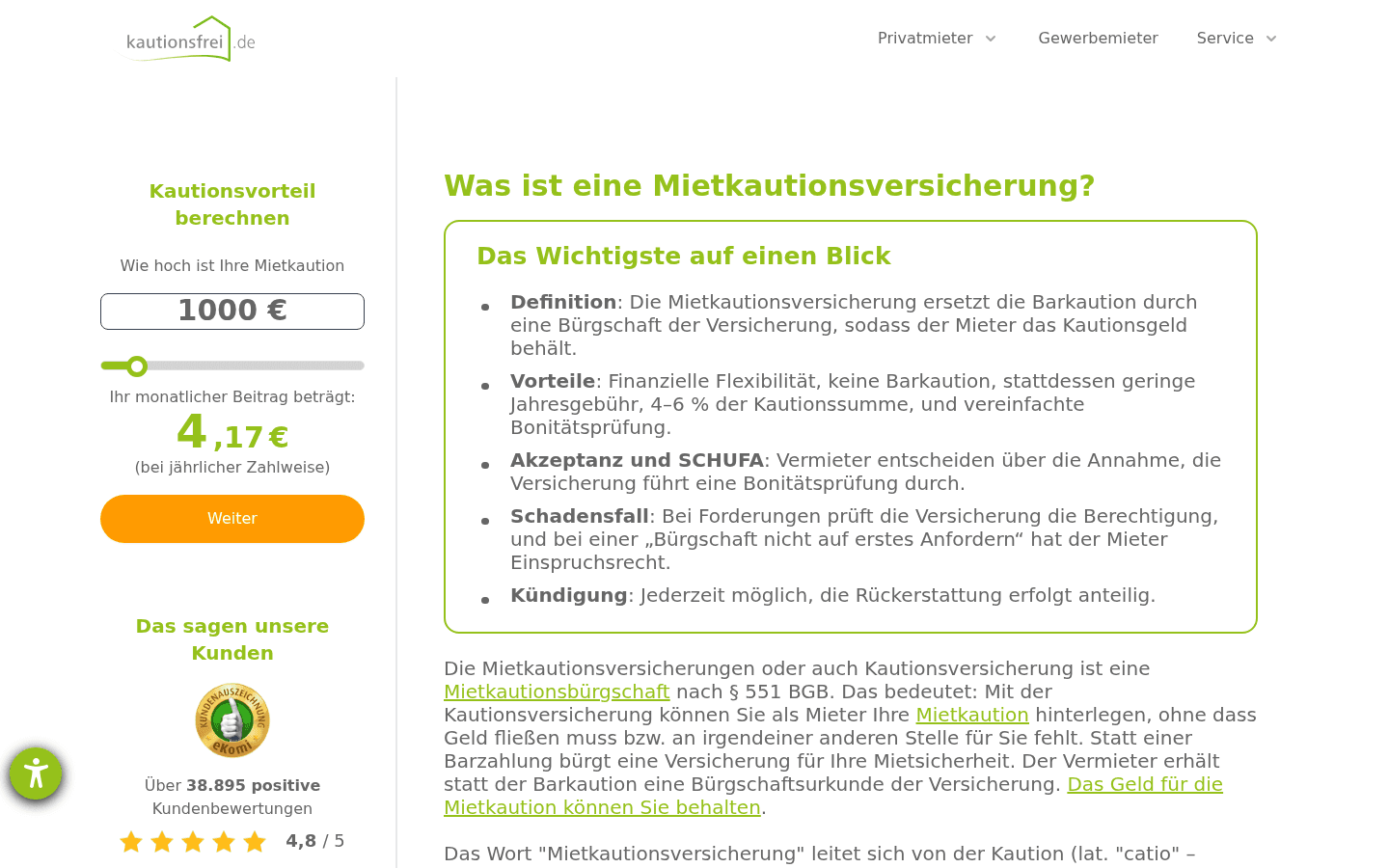 Konditionsseite von kautionsfrei.de mit Jahresbeitrag der Mietkautionsversicherung in Prozent der Bürgschaftssumme