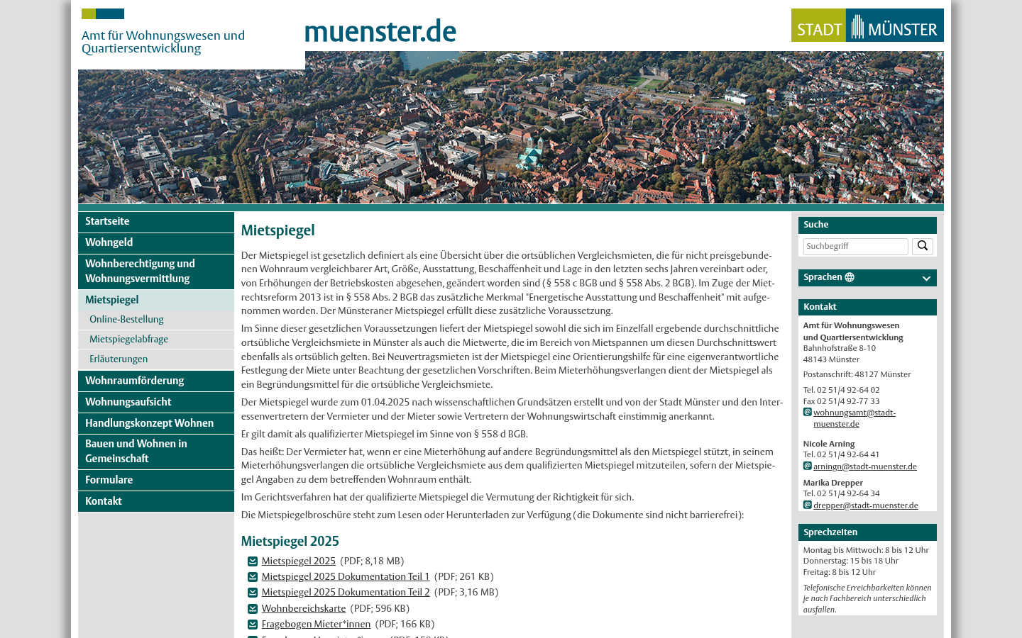 Offizielle Mietspiegel-Übersichtsseite des Wohnungsamts Münster mit Downloadlinks zu den Mietspiegel-Jahrgängen