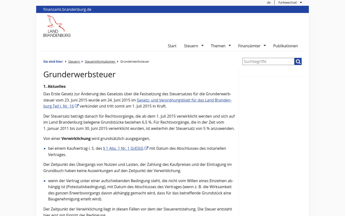 Offizielle Seite der Finanzämter des Landes Brandenburg mit Informationen zur Grunderwerbsteuer und dem aktuellen Steuersatz