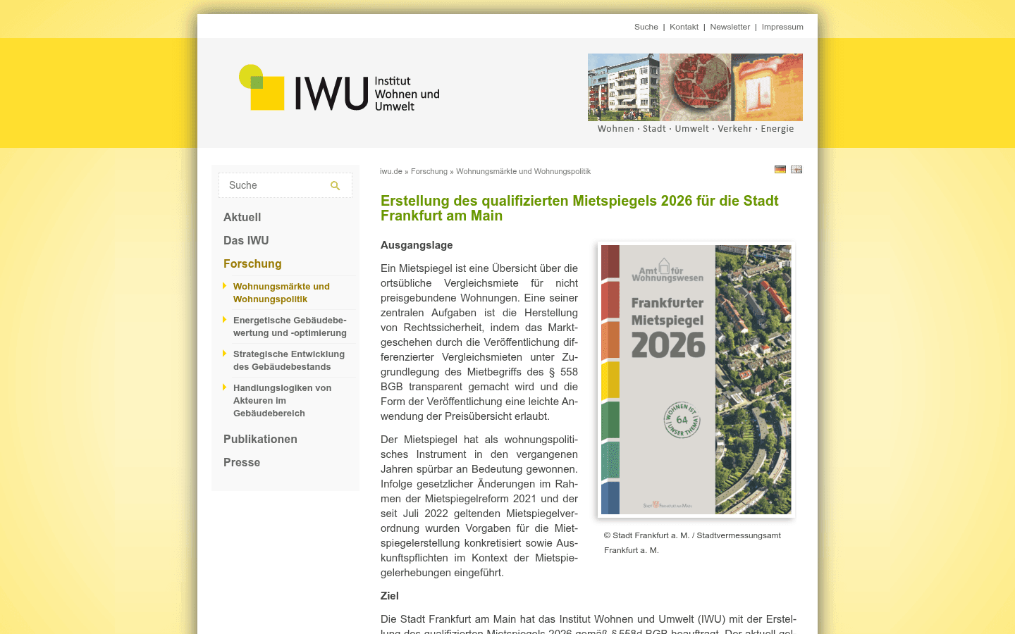 Projektseite des Instituts Wohnen und Umwelt (IWU) zum Frankfurter Mietspiegel 2026 mit Informationen zur Mietspiegel-Erstell