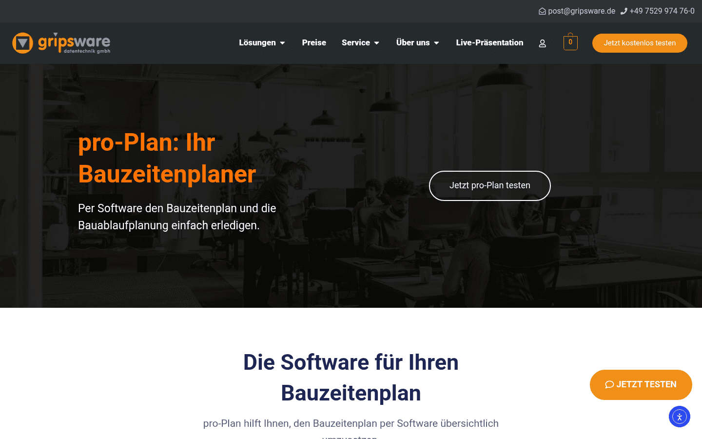 Screenshot der pro-Plan Bauzeitenplaner Produktseite von gripsware mit Gantt-Oberflaeche