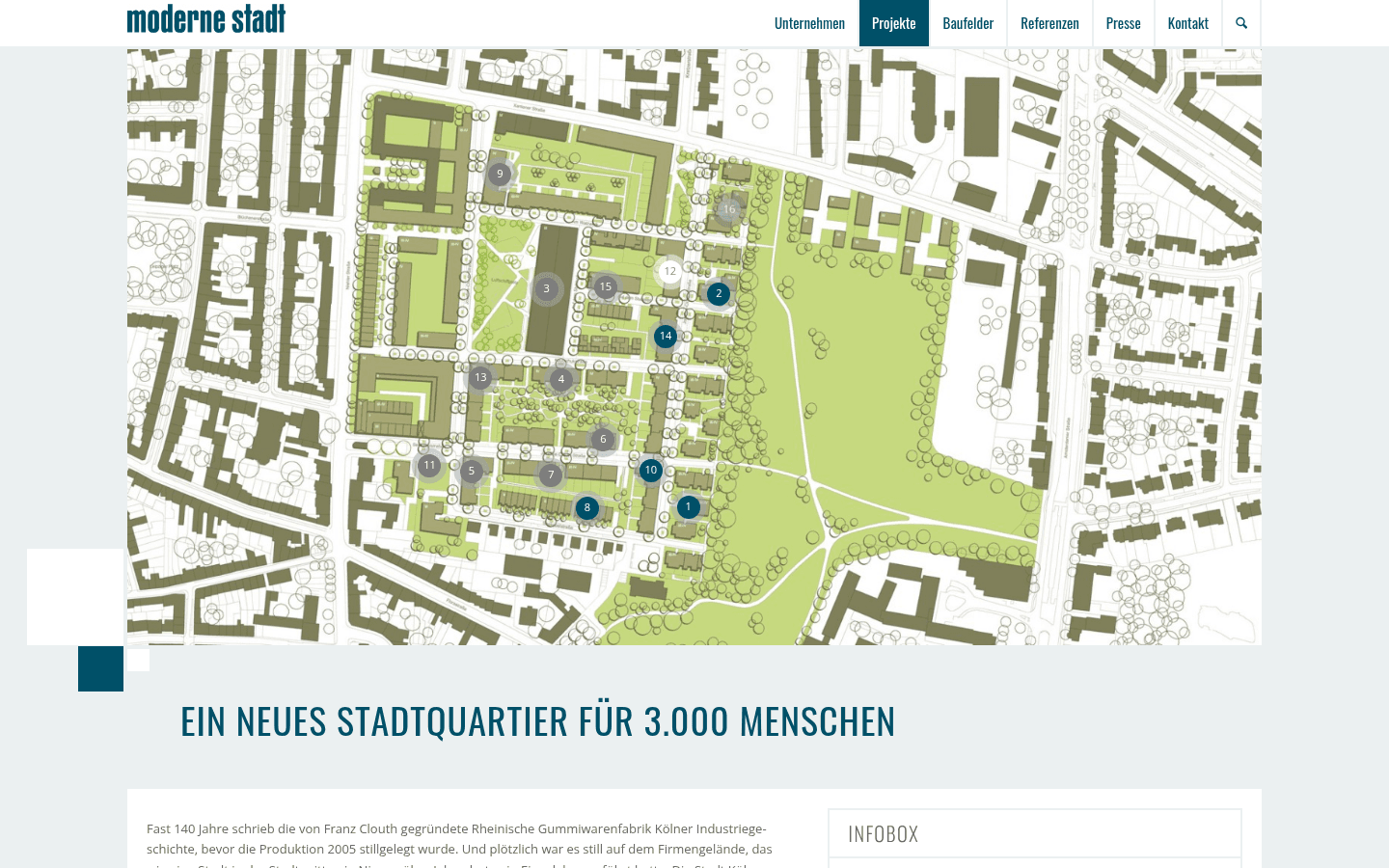 Projektseite der modernen stadt GmbH zum Clouth-Quartier mit Rahmenplan und erhaltenen Industriehallen