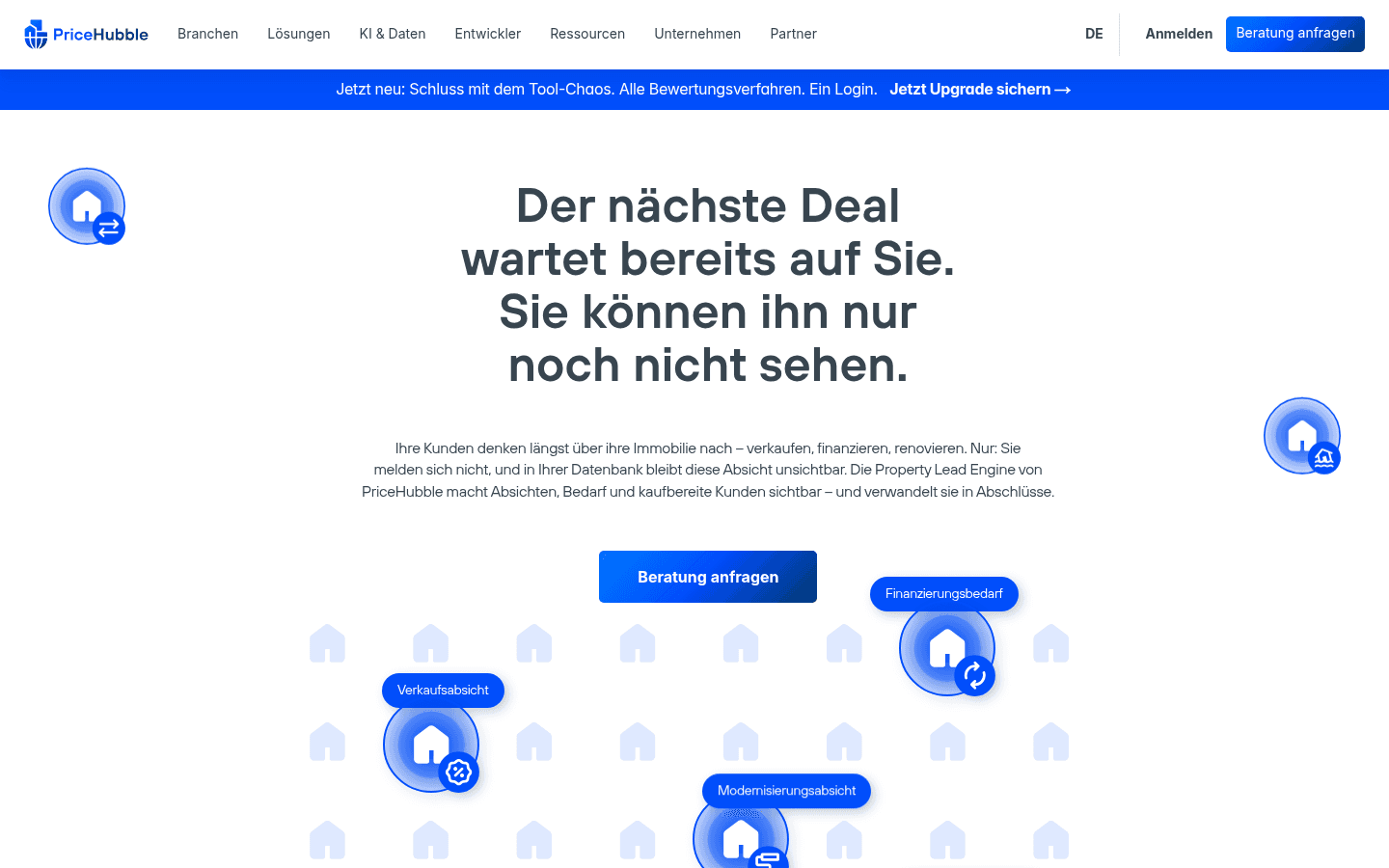 Produktübersicht von PriceHubble mit Bewertungs- und Marktdatenmodulen auf der offiziellen Website