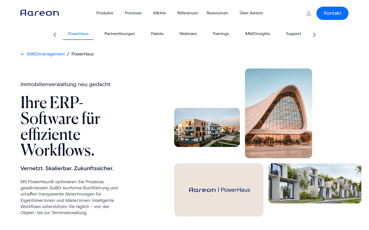 Offizielle Aareon-Produktseite von Haufe PowerHaus mit Funktionsübersicht und Programmansicht