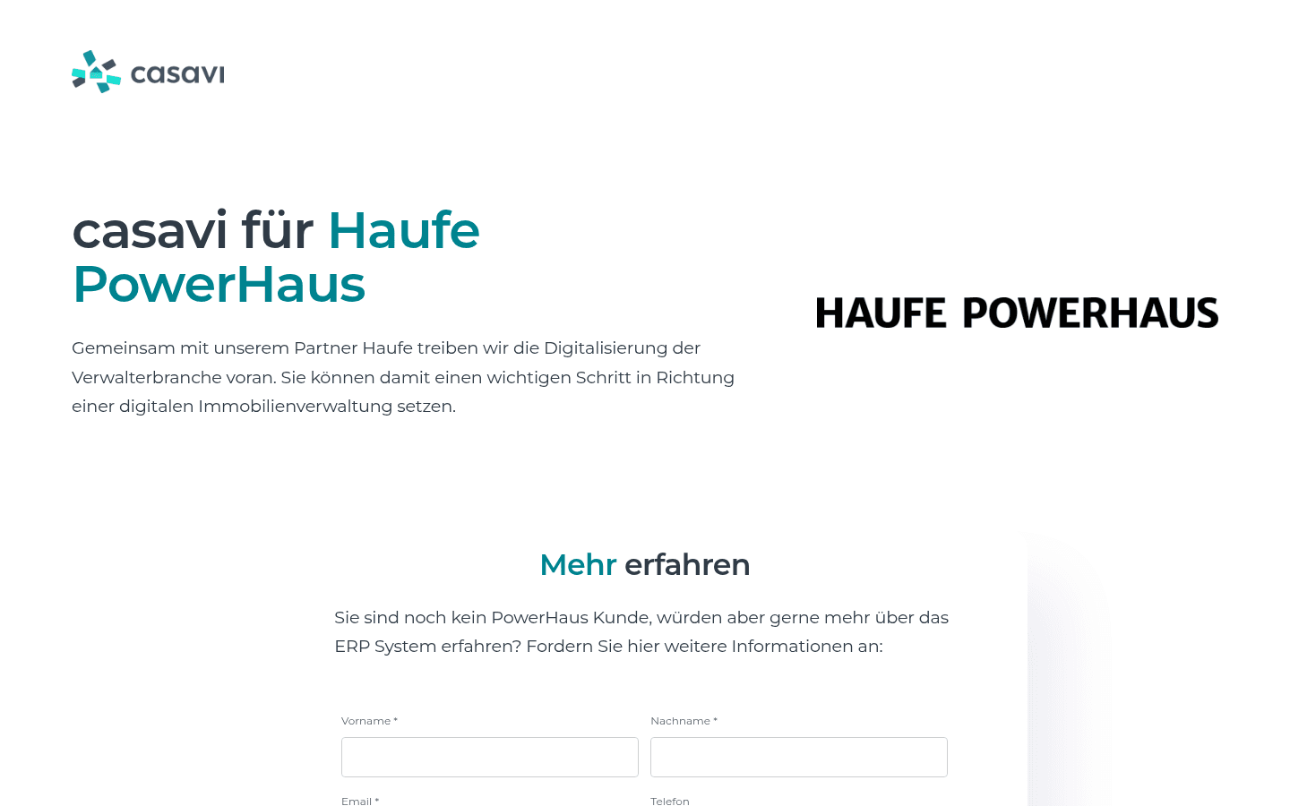 Offizielle casavi-Partnerseite für Haufe PowerHaus mit Vorteilsübersicht der Portal-Integration