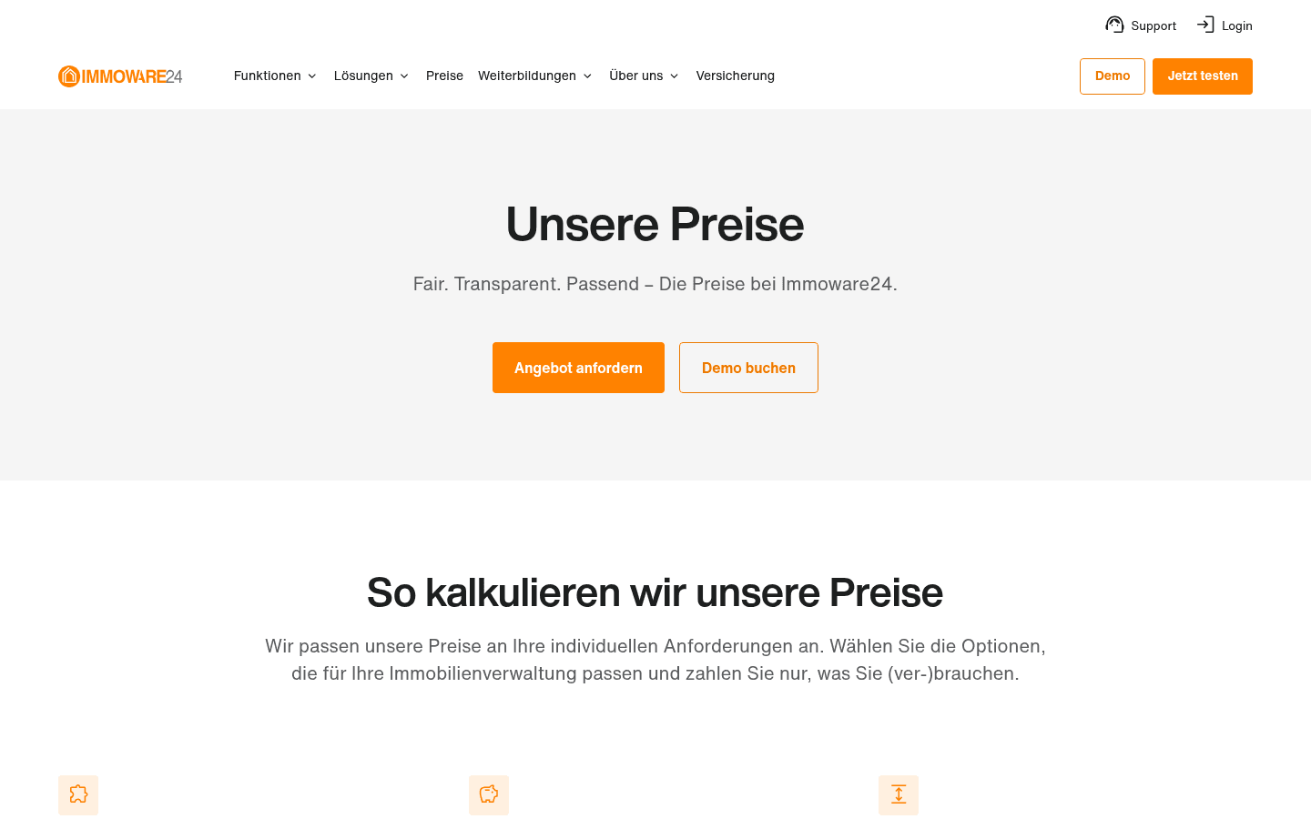 Screenshot der Immoware24-Preisseite mit offener Preisstruktur ohne feste Pakete