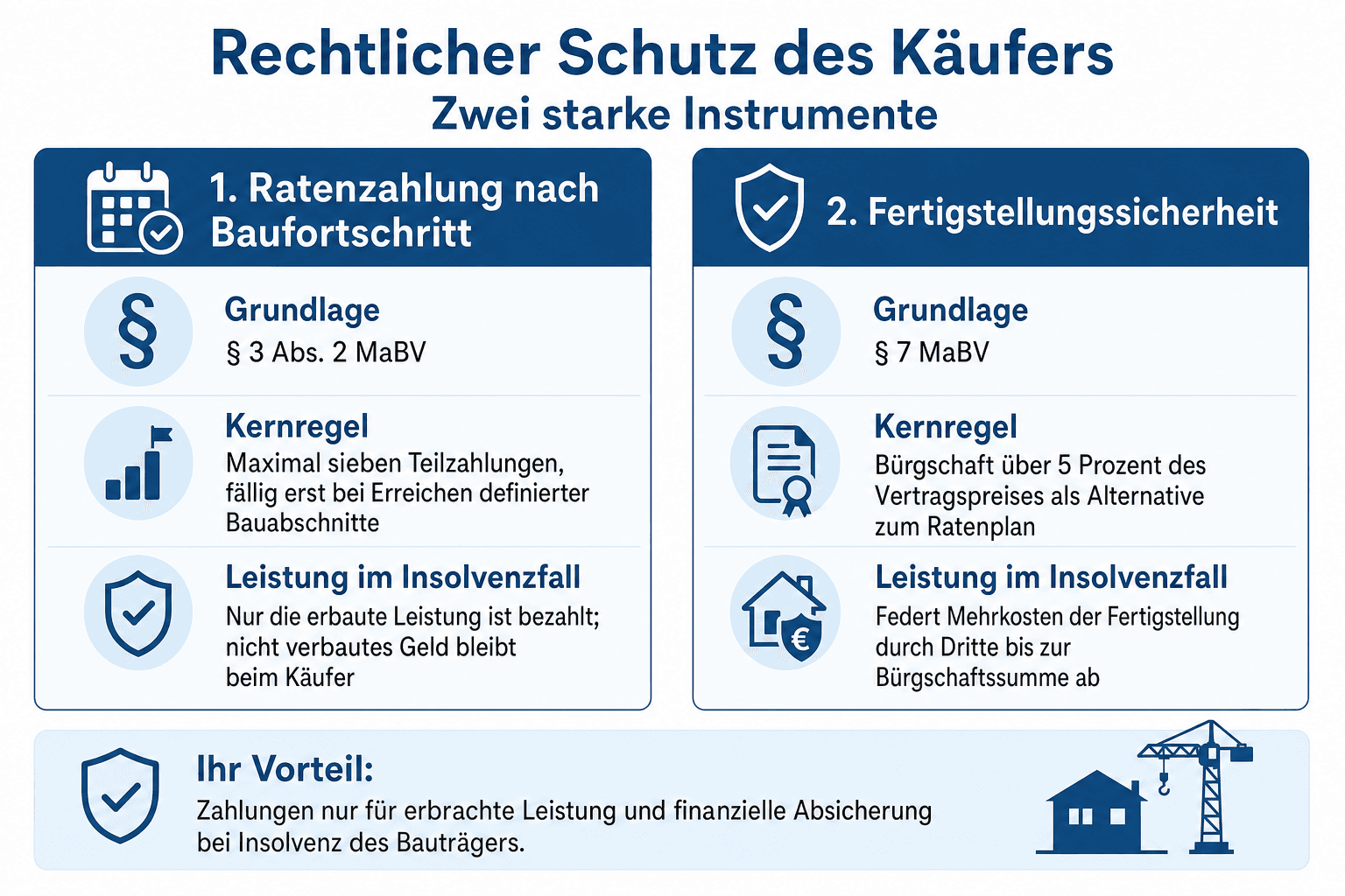 Infografik: Wie weit reicht der rechtliche Schutz des Käufers? Instrument: Ratenzahlung nach Baufortschritt | Grundlage: § 3 Abs. 2...