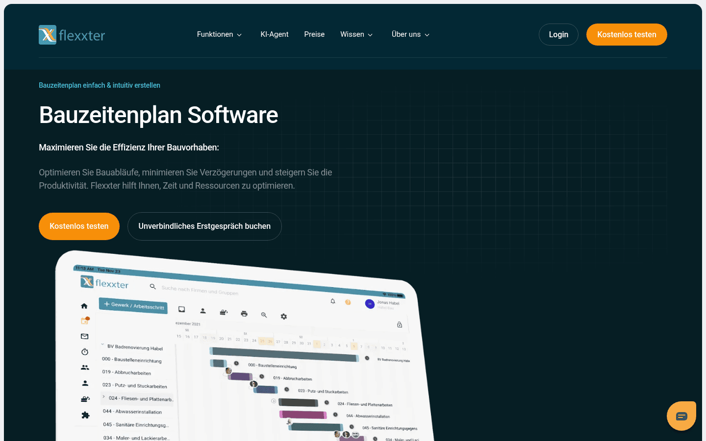 Flexxter-Bauzeitenplanansicht mit Gantt-Diagramm auf der offiziellen Funktionsseite