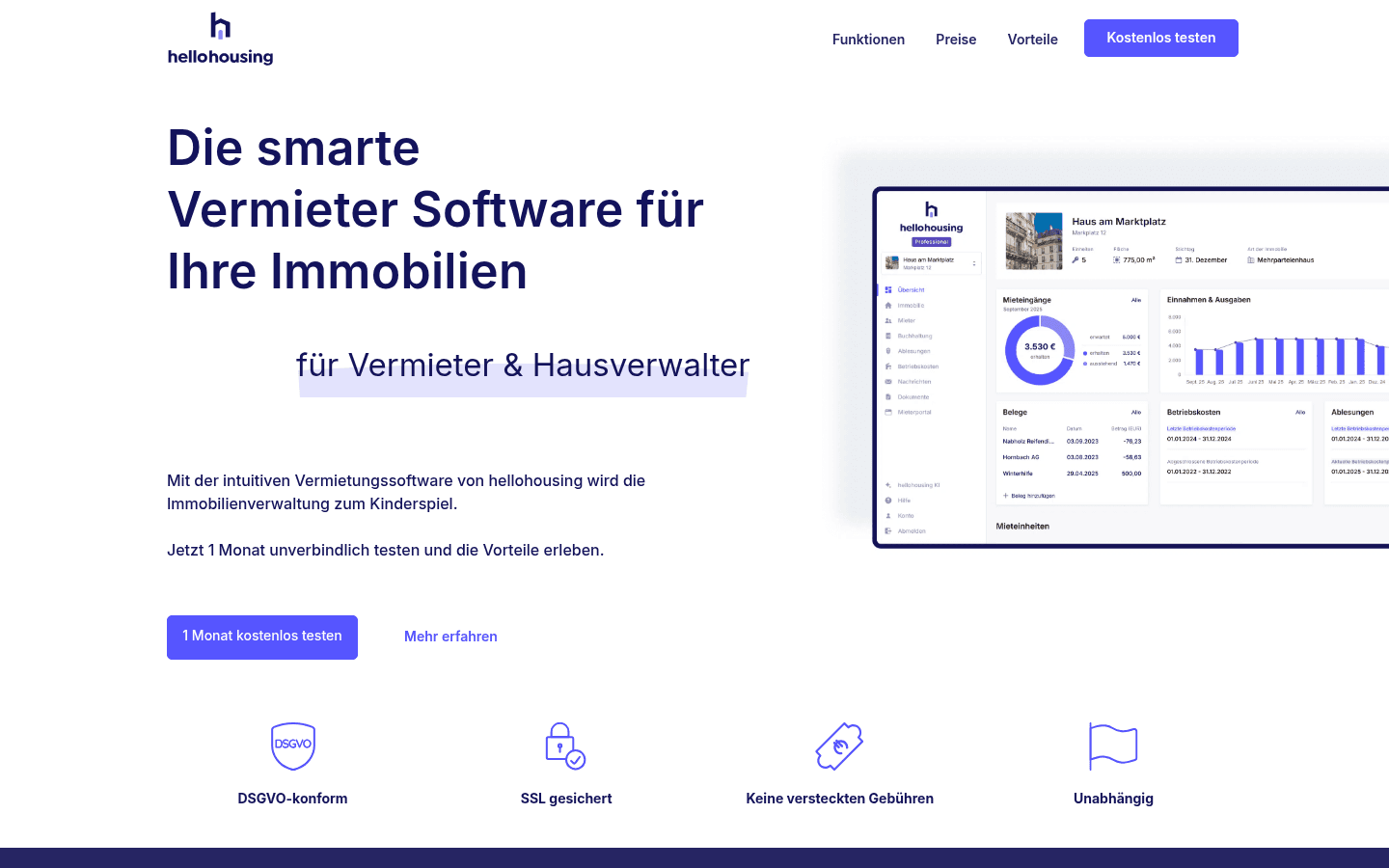 Screenshot der hellohousing-Vermietersoftware mit Dashboard-Ansicht für digitale Objektverwaltung