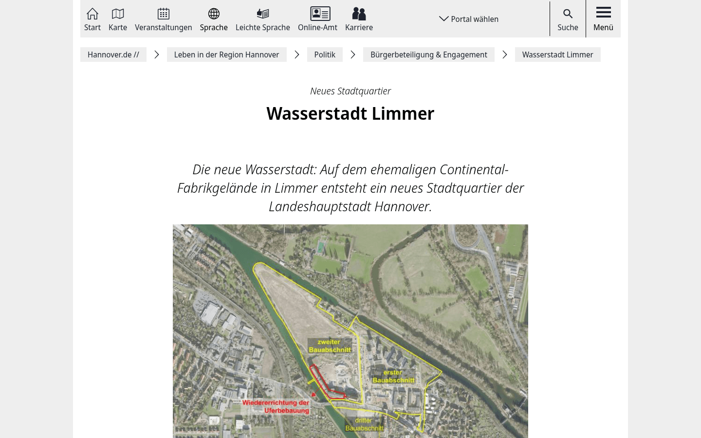 Projekt- und Beteiligungsseite der Landeshauptstadt Hannover zur Wasserstadt Limmer mit Luftbild der Bauabschnitte