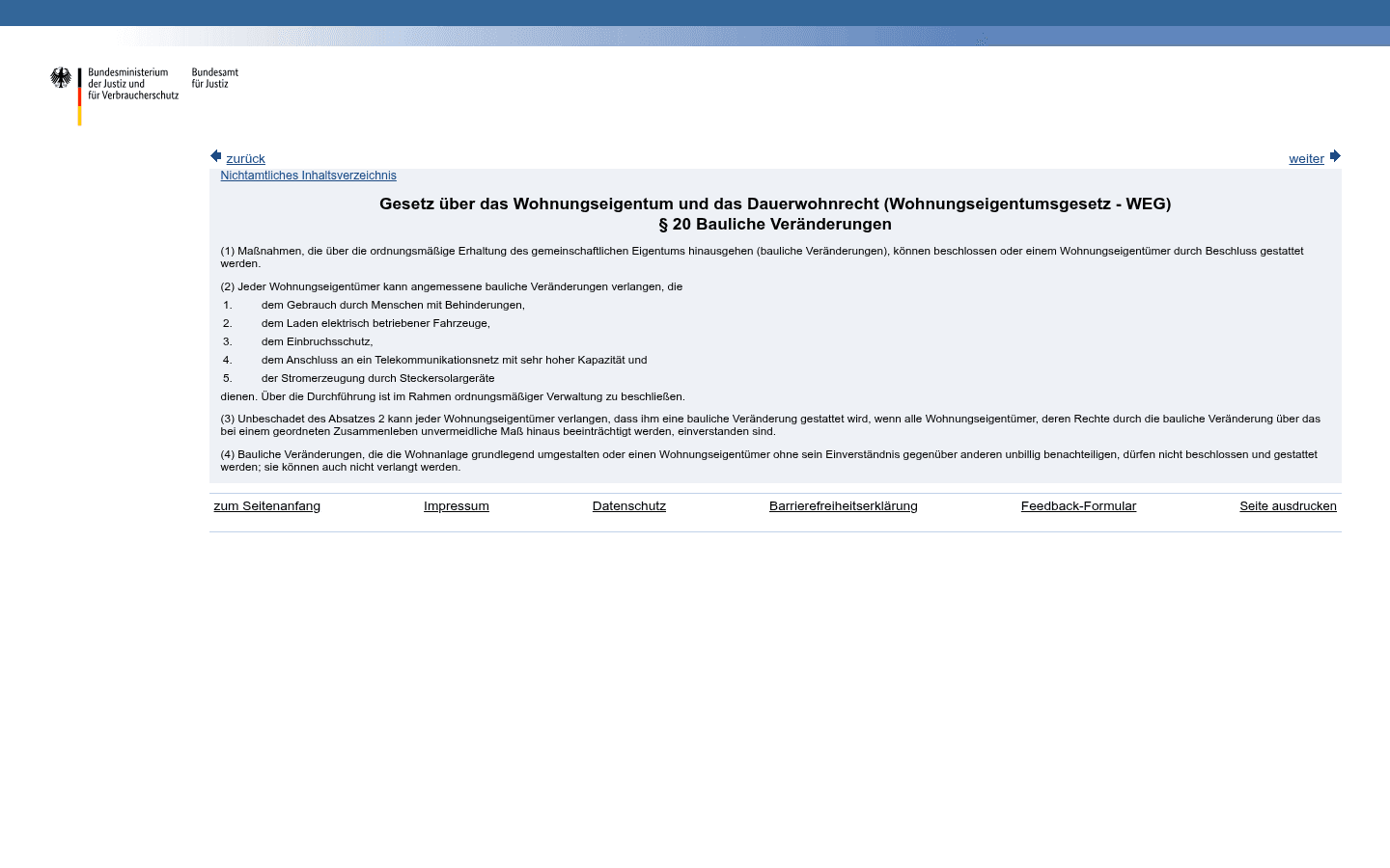 Gesetzestext von § 20 WEG zu baulichen Veränderungen auf gesetze-im-internet.de