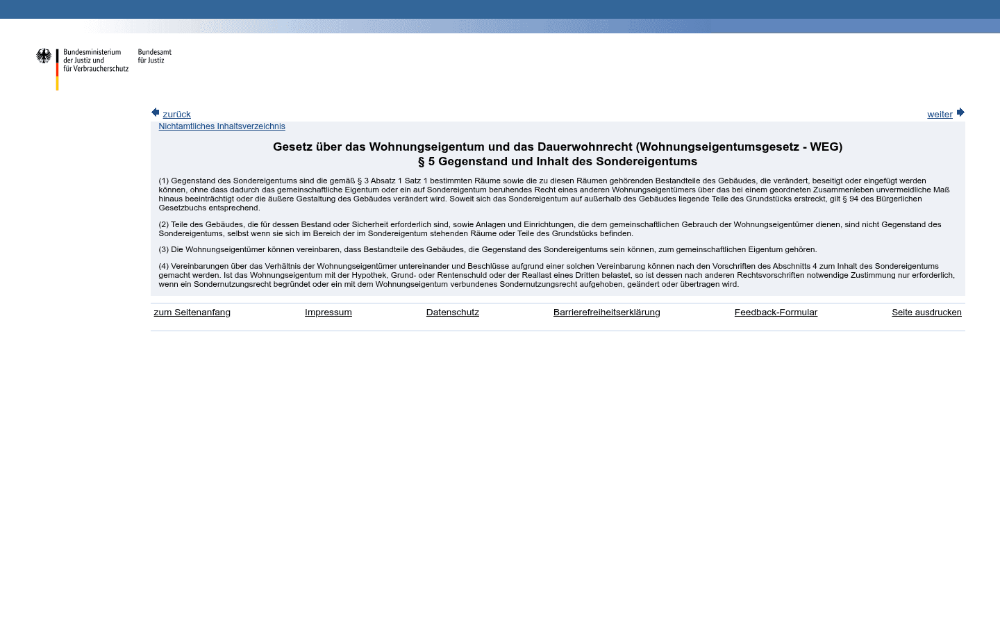 Screenshot von § 5 WEG auf gesetze-im-internet.de mit Absatz 2 zum zwingenden Gemeinschaftseigentum