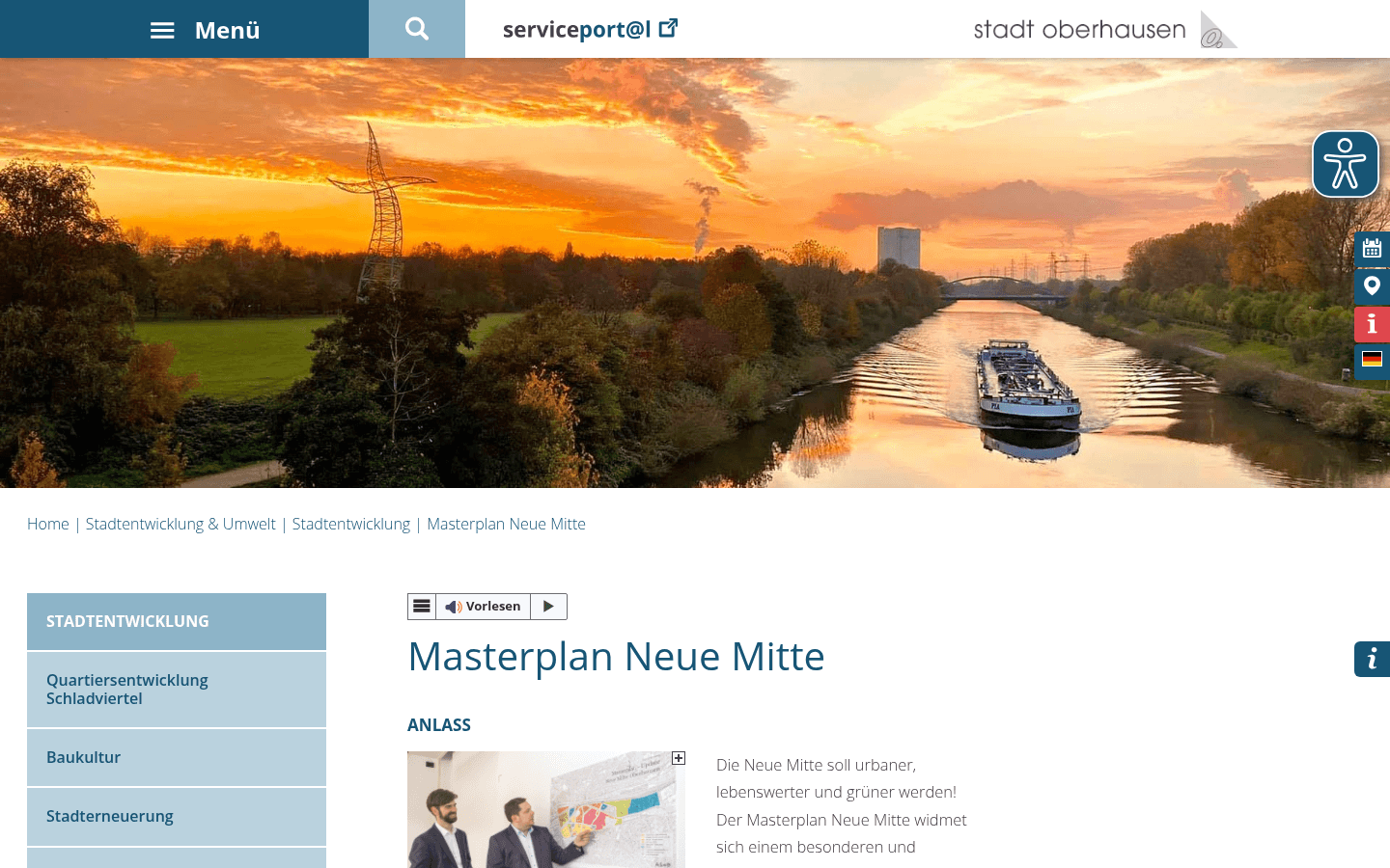 Planzeichnung und Zielbild 2040 des Masterplans Neue Mitte auf der Projektseite der Stadt Oberhausen