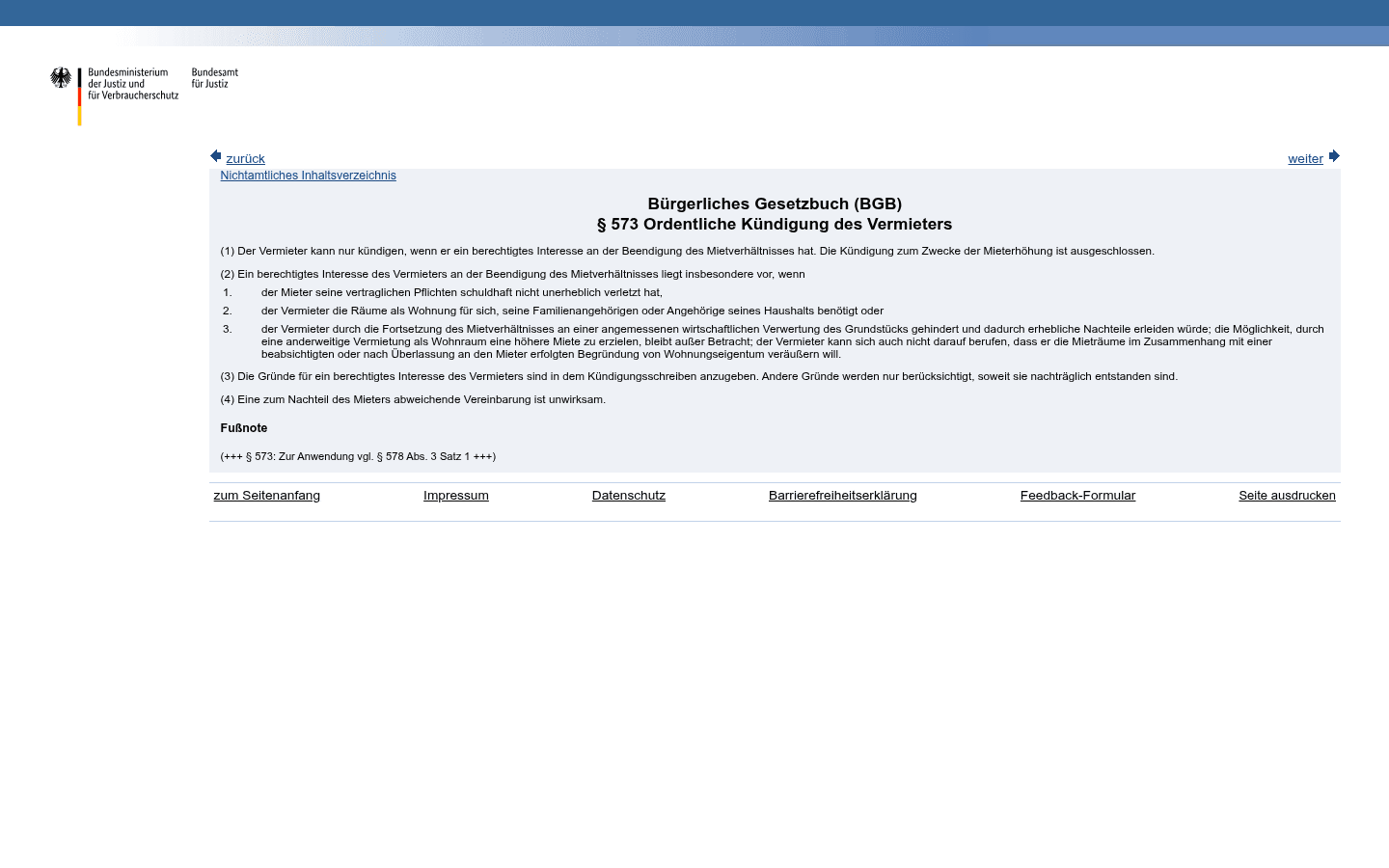 Screenshot des Gesetzestexts von § 573 BGB auf gesetze-im-internet.de mit markiertem Absatz 2 Nummer 2 zum berechtigten Interesse Eigenbedarf