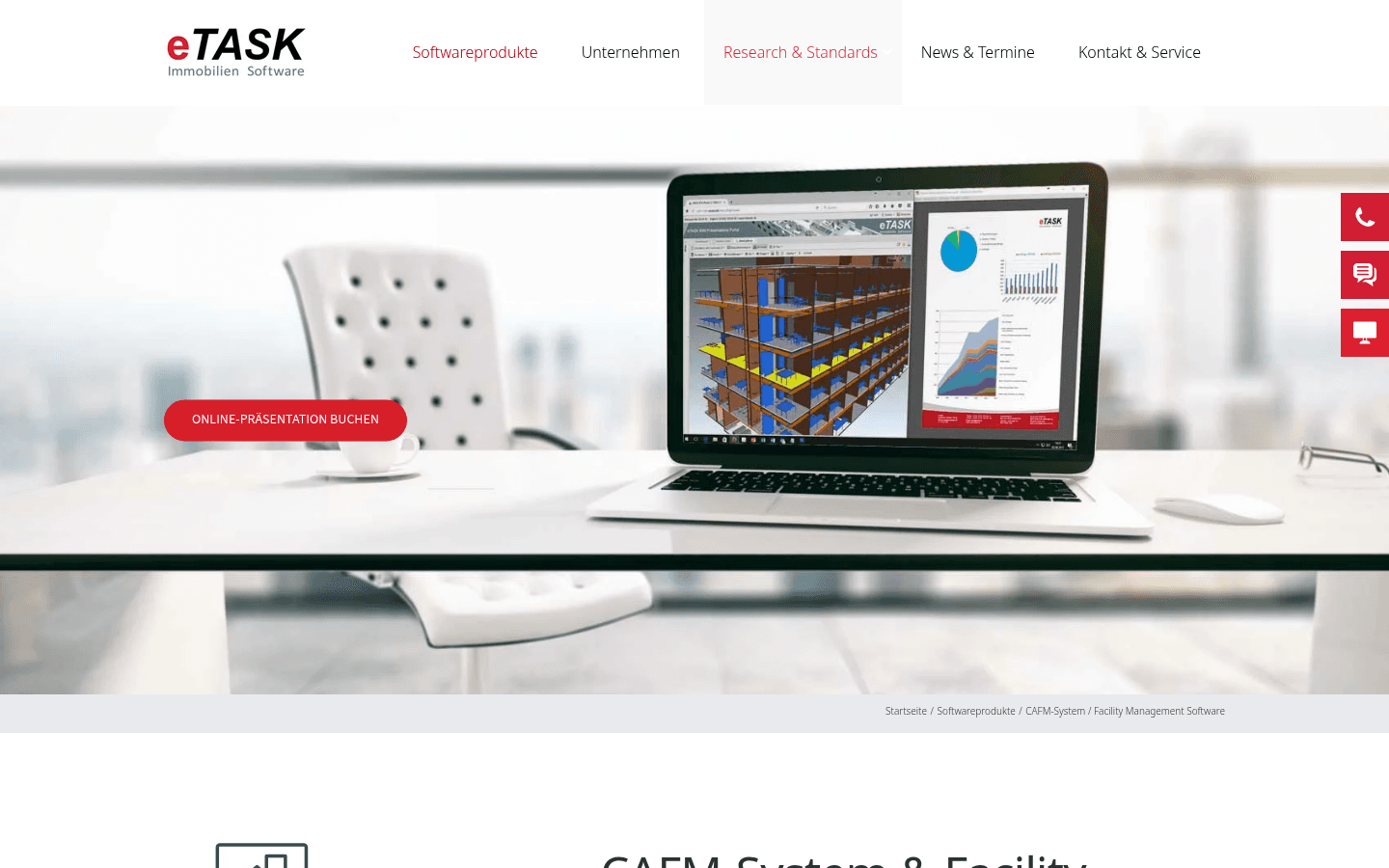 Produktseite von eTASK mit CAFM-Software-Modulen und Screenshot der Facility-Management-Plattform