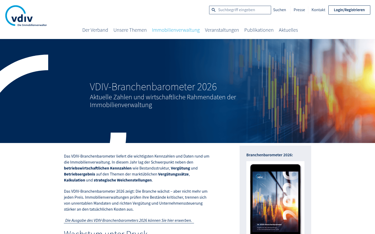 Screenshot der VDIV-Branchenbarometer-Seite mit Kennzahlen zur WEG-Verwalterverguetung