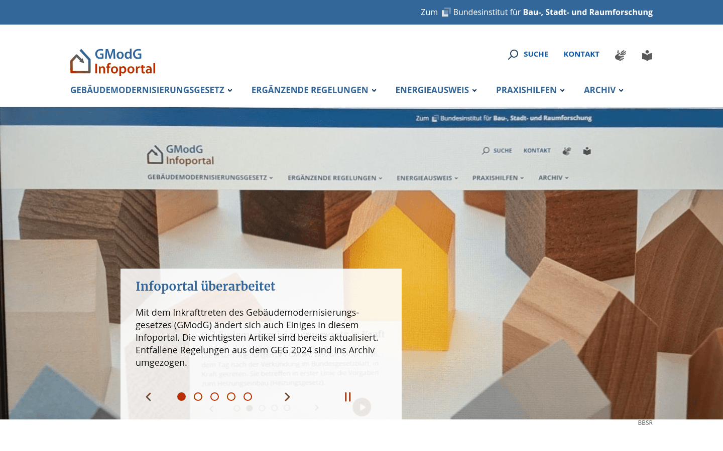 Startseite des amtlichen GModG-Infoportals des Bundes mit Meldung zum Gebäudemodernisierungsgesetz