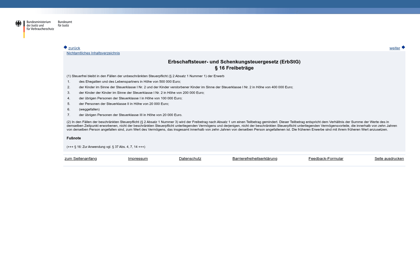 Gesetzestext von § 16 ErbStG mit den persönlichen Freibeträgen nach Verwandtschaftsgrad auf gesetze-im-internet.de