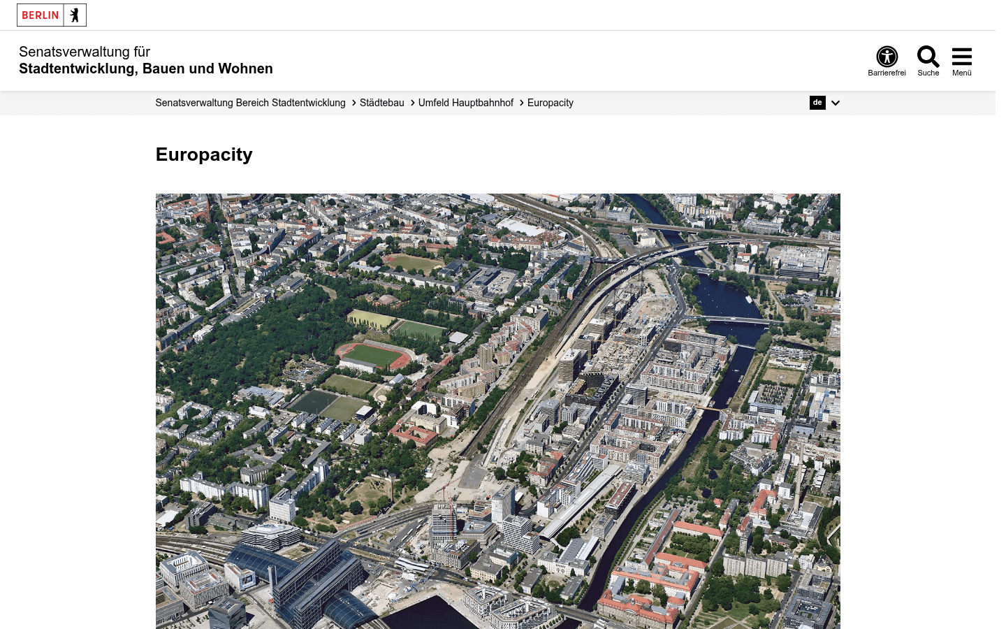 Übersichtsseite der Senatsverwaltung für Stadtentwicklung Berlin zur Europacity mit Rahmenplan und Quartiersdarstellung