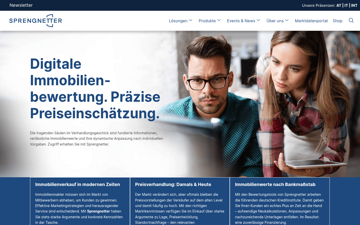Bewertungsoberfläche und Produktbereich für Immobilienbewertung auf der offiziellen Sprengnetter-Website