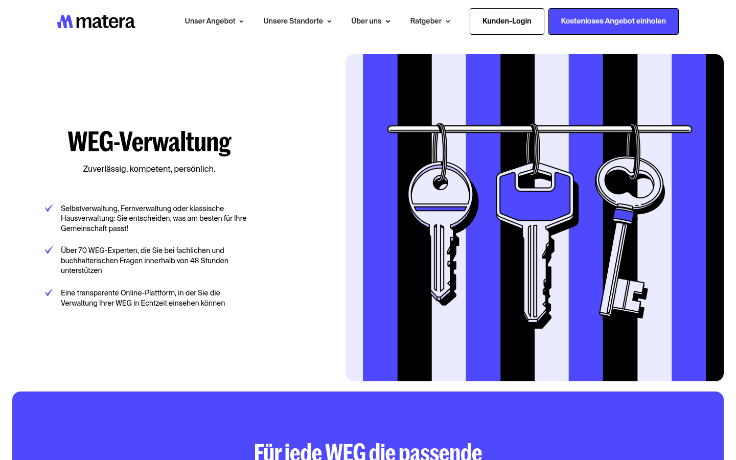 Übersicht der drei Matera-Verwaltungsmodelle und Leistungspakete auf der offiziellen Angebotsseite