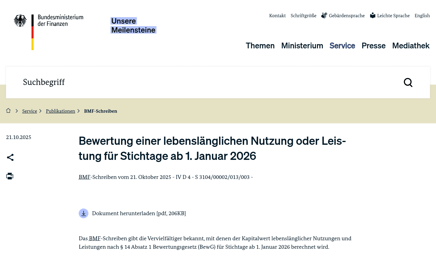 Amtliche Vervielfältiger-Tabelle des Bundesministeriums der Finanzen für lebenslängliche Nutzungen nach § 14 BewG, gültig für Bewertungsstichtage ab dem 1. Januar 2026