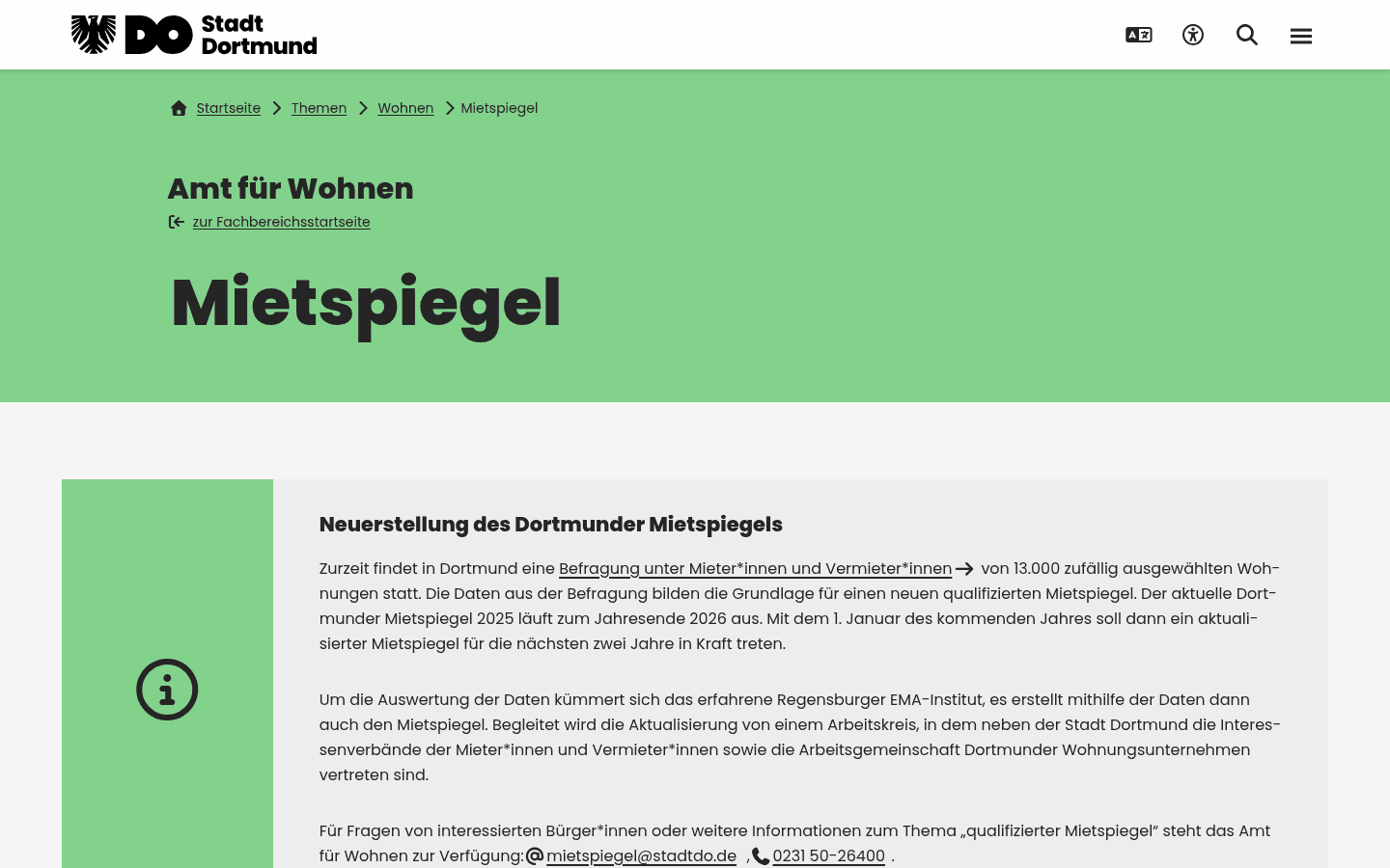Amtliche Mietspiegel-Seite der Stadt Dortmund mit Informationen zum qualifizierten Mietspiegel 2025/2026