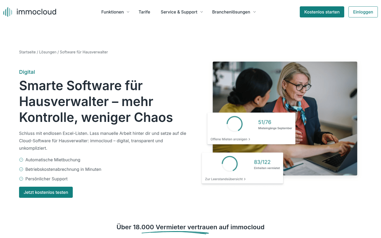 Leistungsübersicht für Hausverwalter auf der offiziellen immocloud-Lösungsseite