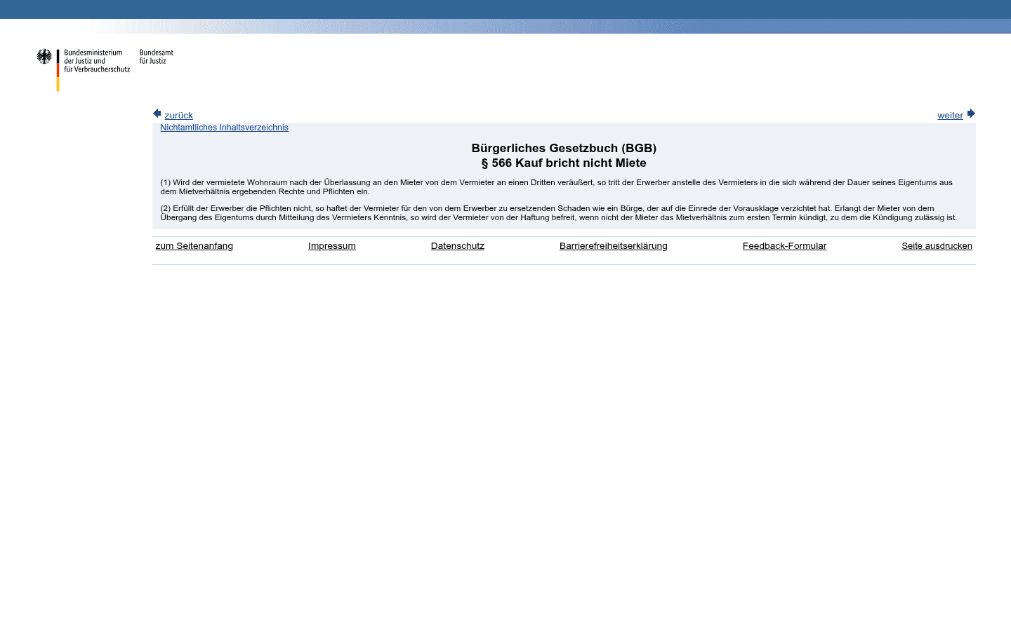 Gesetzestext des § 566 BGB (Kauf bricht nicht Miete) auf gesetze-im-internet.de