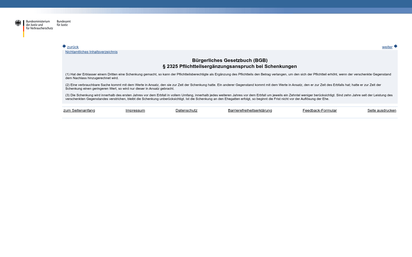 Aktueller Screenshot des Gesetzestexts von § 2325 BGB auf gesetze-im-internet.de mit der Abschmelzungsregel von zehn Prozent pro Jahr bei der Pflichtteilsergänzung