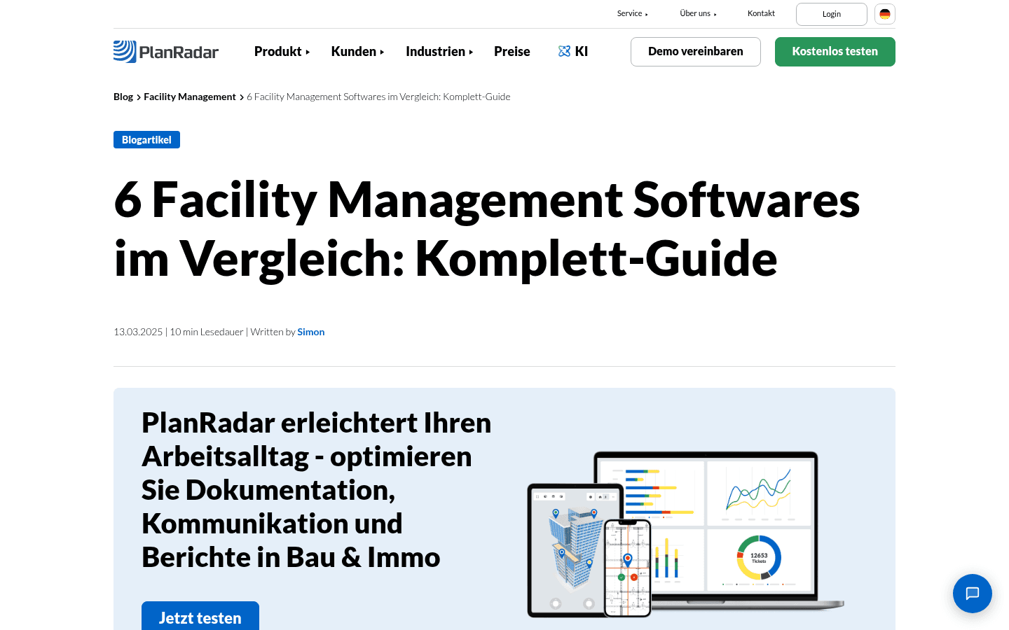 Produktseite von PlanRadar mit Funktionsübersicht für Facility-Management-Software
