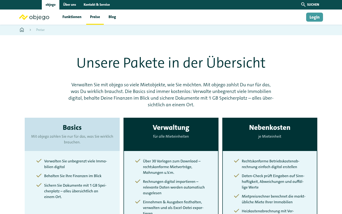 Preisseite von objego mit kostenfreier Basics-Einstiegsstufe und den kostenpflichtigen Modulen Verwaltung und Nebenkosten