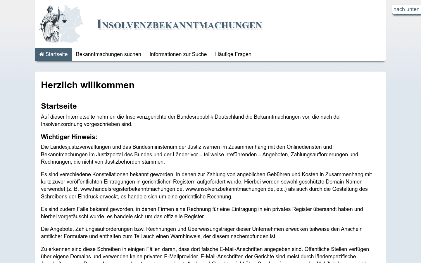 Amtliche Suchmaske von insolvenzbekanntmachungen.de zur Recherche einer Bauträgerinsolvenz