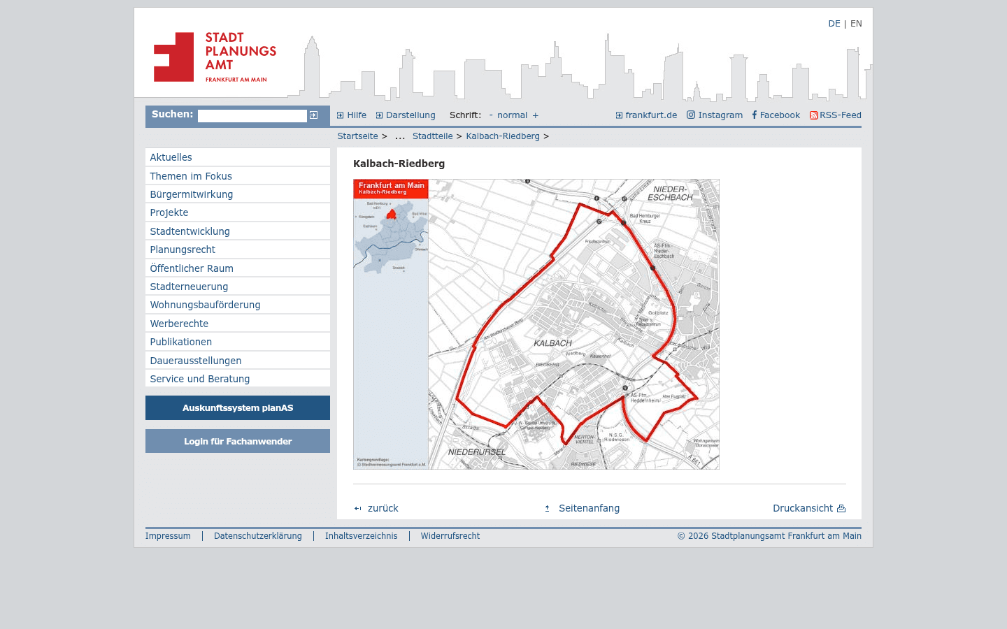 Stadtteilseite Kalbach-Riedberg des Stadtplanungsamts Frankfurt mit planungsrechtlichen Grundlagen