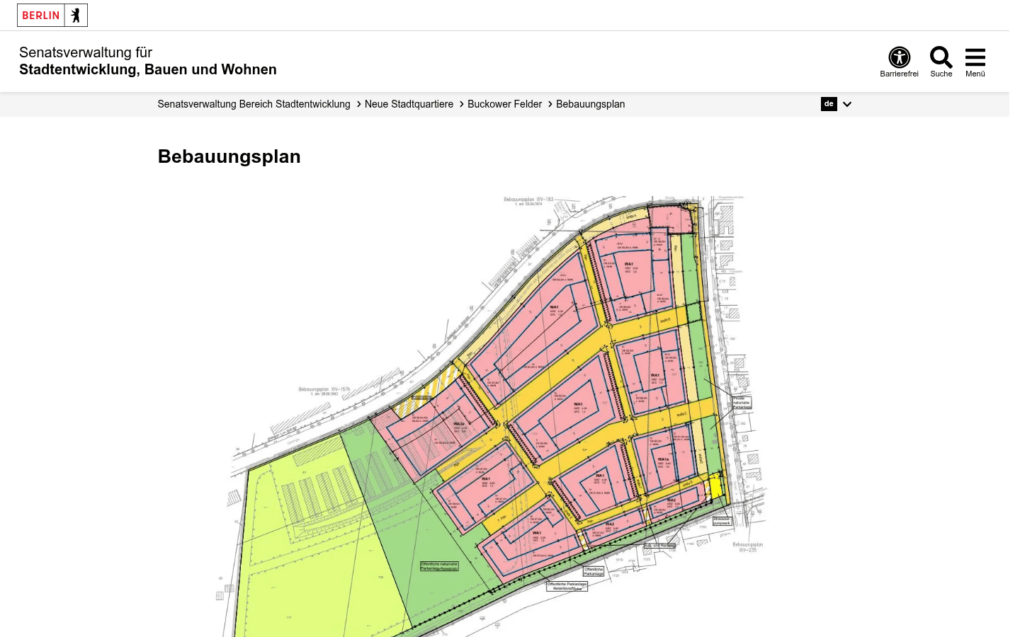 Bebauungsplan-Unterseite der Senatsverwaltung für Stadtentwicklung zu den Buckower Feldern mit Verfahrensablauf