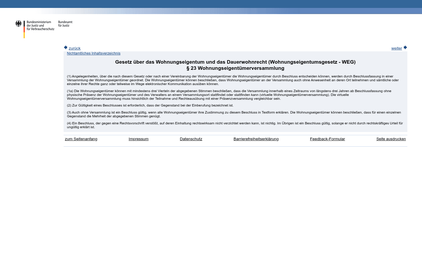 Gesetzestext von § 23 WEG auf gesetze-im-internet.de mit Absatz 3 zum Beschluss außerhalb einer Versammlung