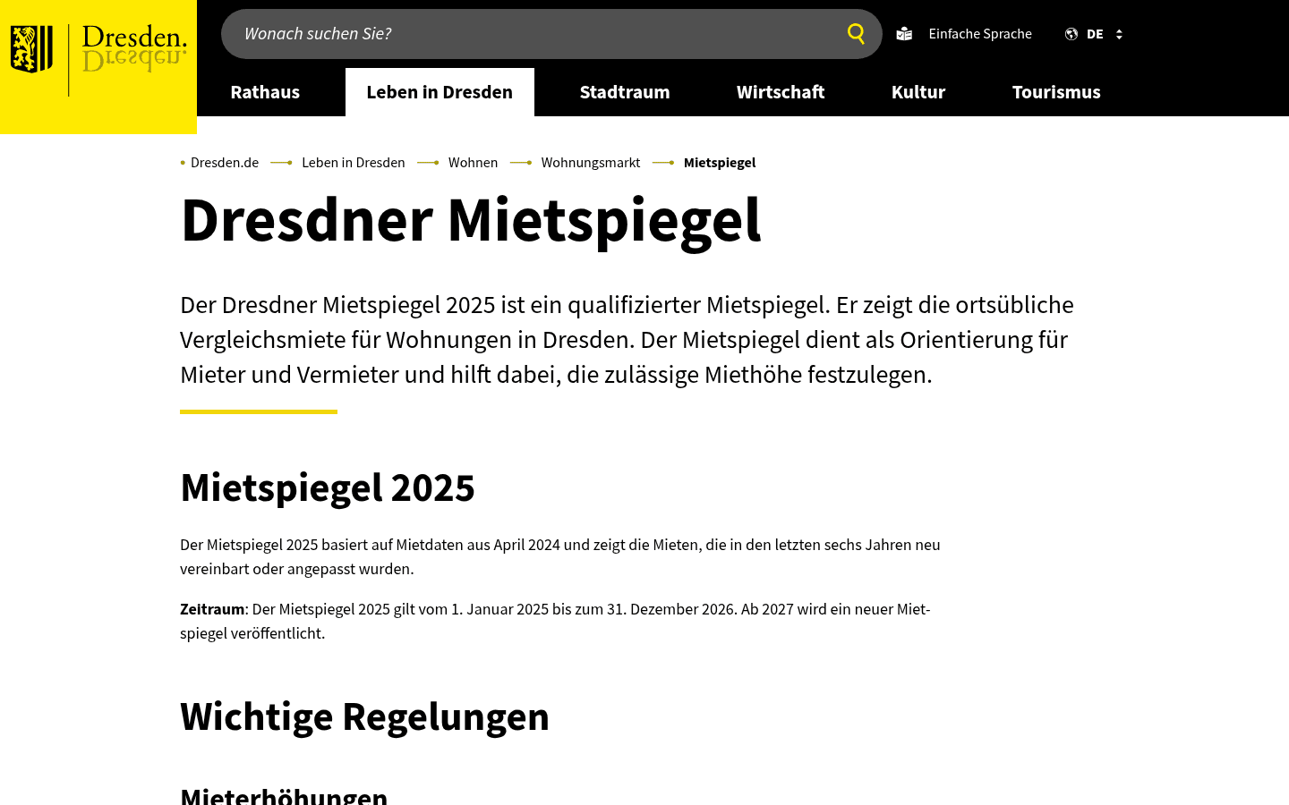 Amtliche Mietspiegel-Seite der Landeshauptstadt Dresden mit Angaben zu Kappungsgrenze, Mietpreisbremse und Mietspiegel 2025