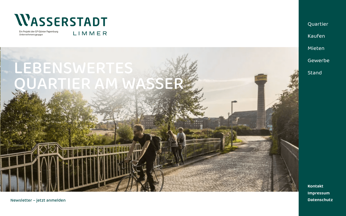 Startseite der Projektwebsite Wasserstadt Limmer mit Quartiersansicht und Bauabschnitten