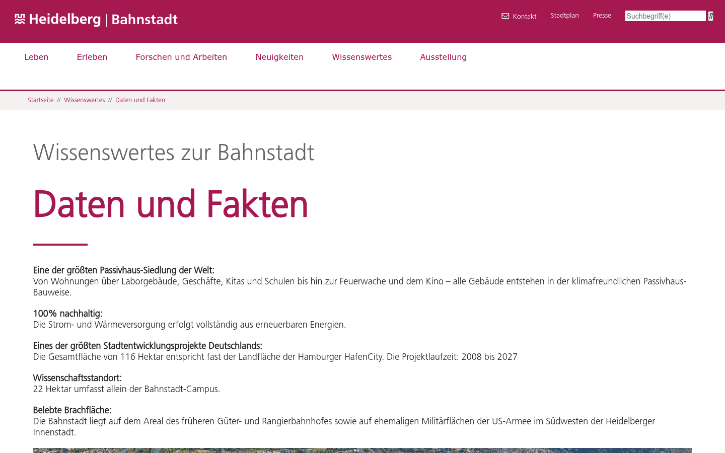 Daten-und-Fakten-Seite der Stadt Heidelberg zur Bahnstadt mit Kennzahlen zu Fläche, Wohnungen und Einwohnern