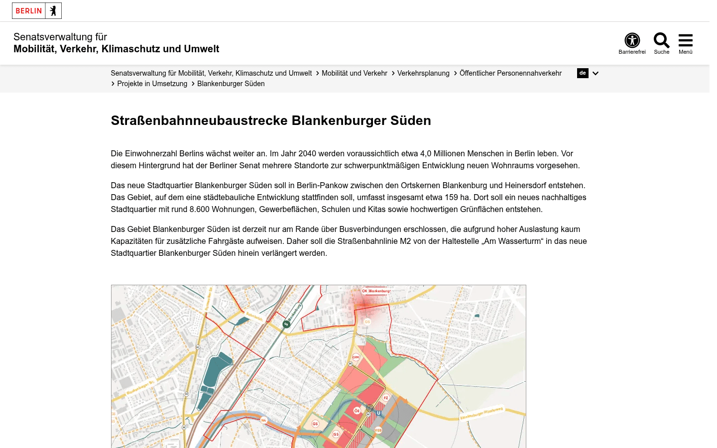 Projektseite der Senatsverwaltung für Mobilität und Verkehr zur Straßenbahn-Neubaustrecke Blankenburger Süden