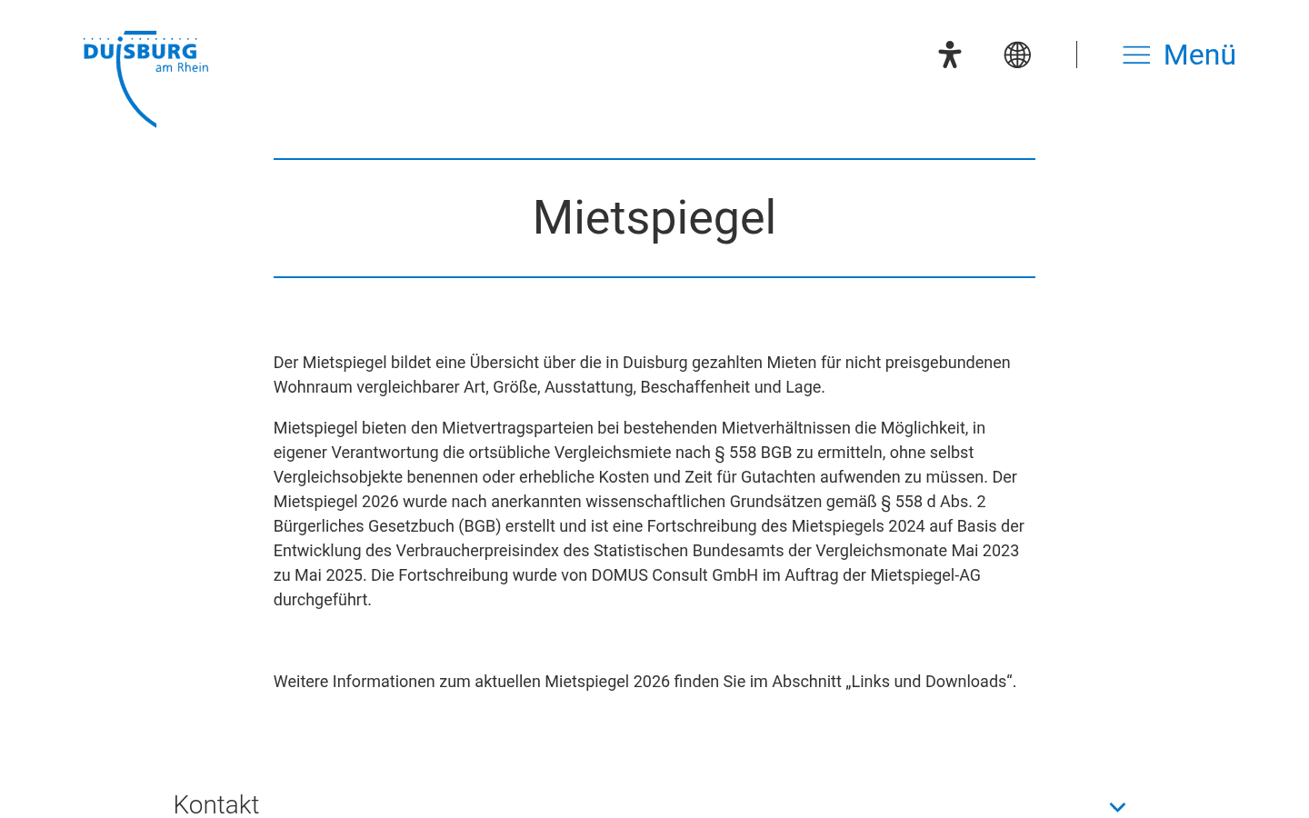 Amtliche Mietspiegel-Seite der Stadt Duisburg mit Informationen zum qualifizierten Mietspiegel 2026