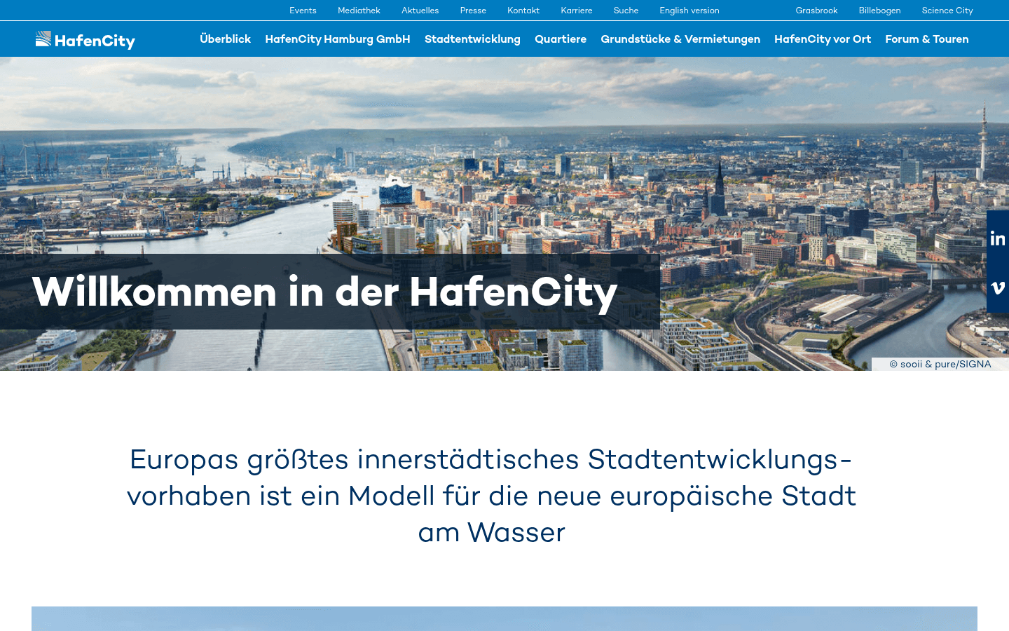 Offizielle Startseite der HafenCity Hamburg GmbH mit Quartiersuebersicht und Luftbildvisualisierung
