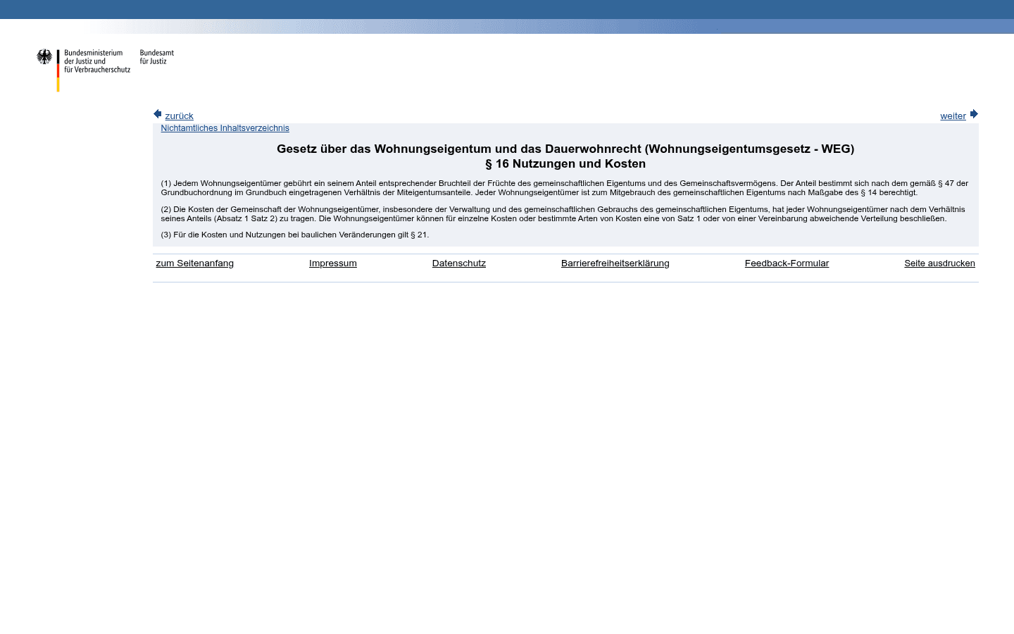 Screenshot des Gesetzestexts von § 16 WEG: Absatz 1 zur Verteilung der Erträge und Absatz 2 mit der Beschlusskompetenz zur Änderung des Verteilungsschlüssels