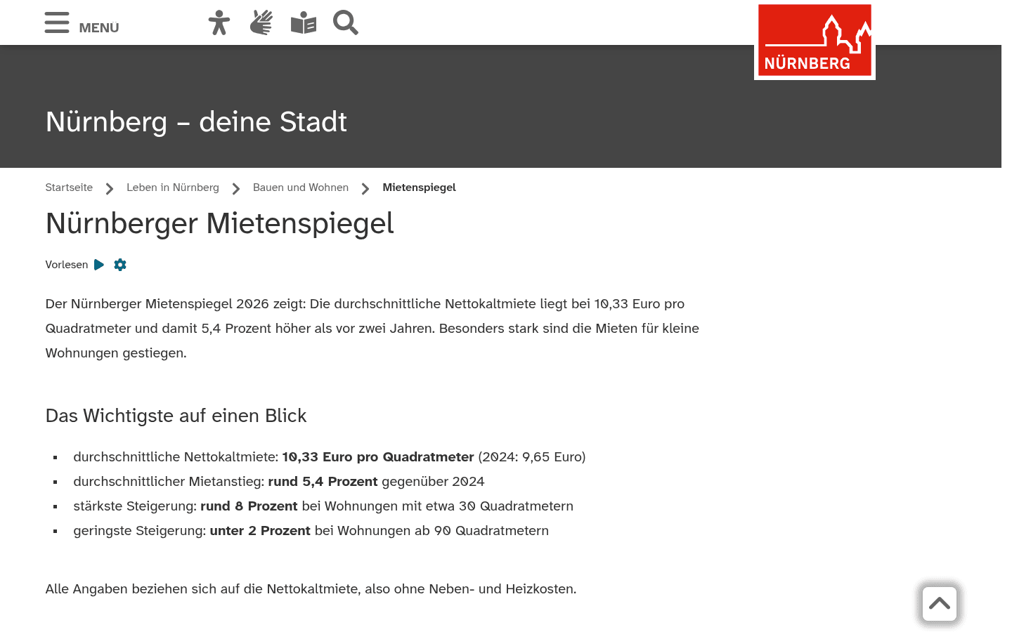 Amtliche Seite „Nürnberger Mietenspiegel“ der Stadt Nürnberg mit Tabellenausschnitt zur durchschnittlichen Nettokaltmiete 202